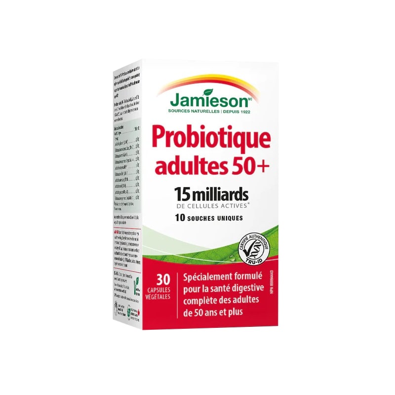 Product label for Jamieson Adults 50+ Probiotic 15 Billion (30 capsules) in French