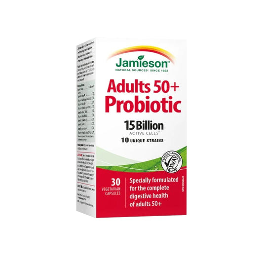 Product label for Jamieson Adults 50+ Probiotic 15 Billion (30 capsules) in English