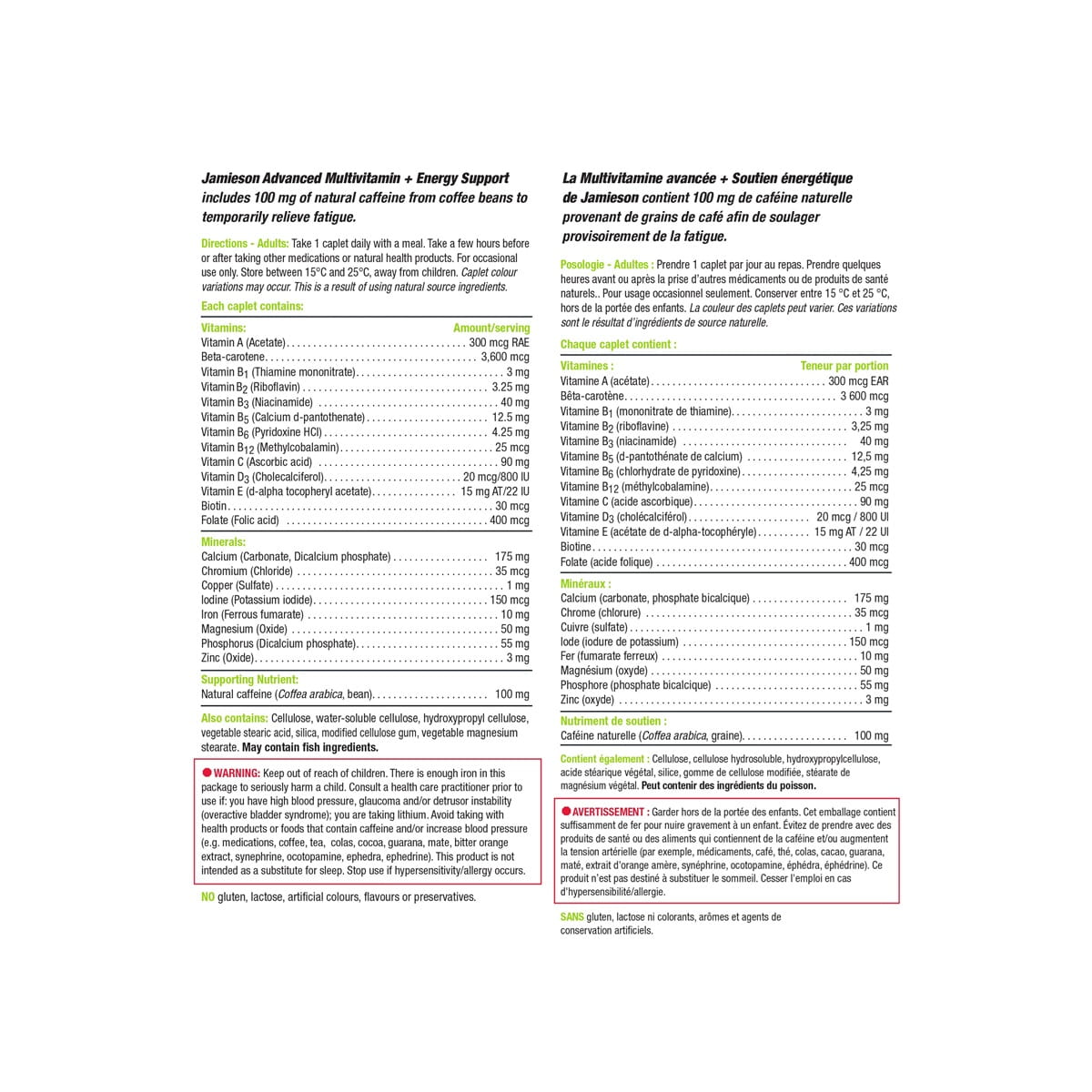 Directions, ingredients, warnings for Jamieson Advanced Multivitamin with Energy Support (90 caplets)