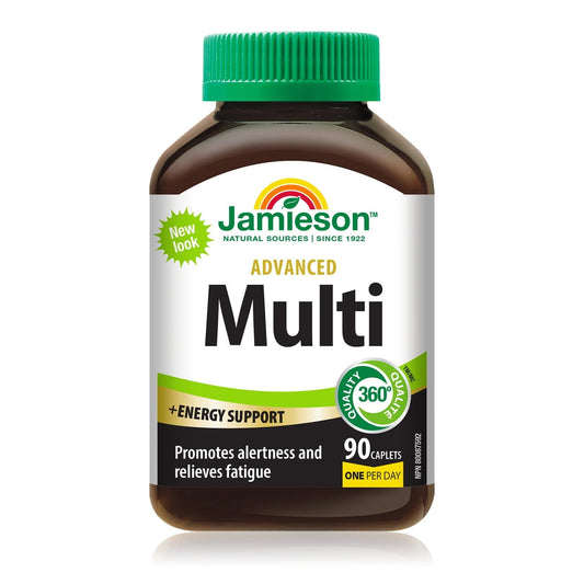 Product label for Jamieson Advanced Multivitamin with Energy Support (90 caplets) in English