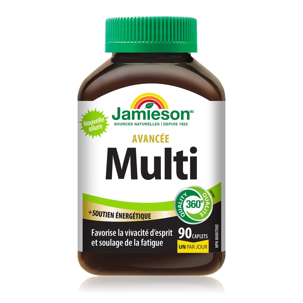 Product label for Jamieson Advanced Multivitamin with Energy Support (90 caplets) in French