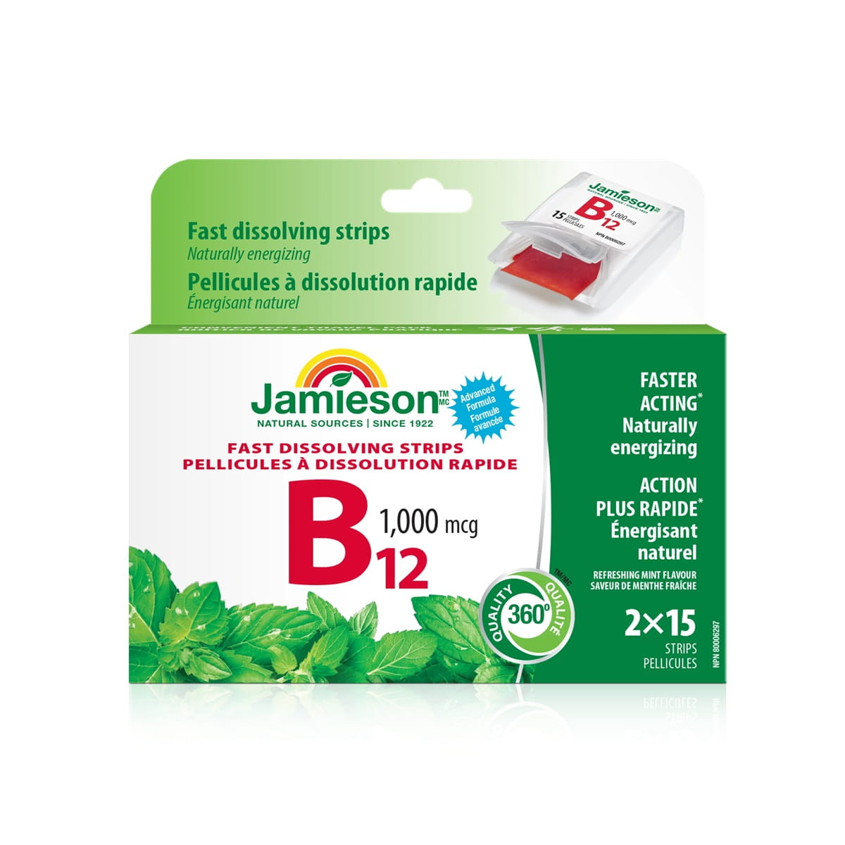 Product label for Jamieson B12 1000 mcg Dissolving Strips (30 strips)