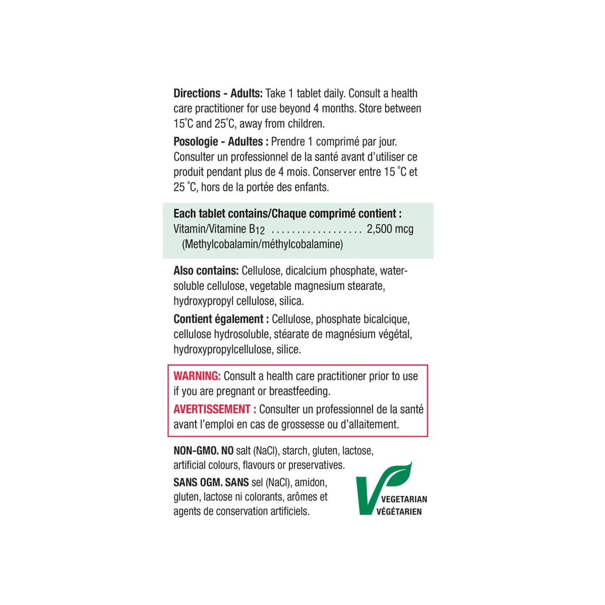 Direction, ingredients, warnings for Jamieson B12 2500 mcg Timed Release (60 tablets)