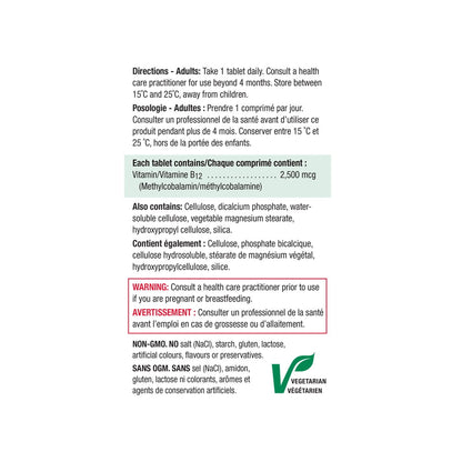 Direction, ingredients, warnings for Jamieson B12 2500 mcg Timed Release (60 tablets)