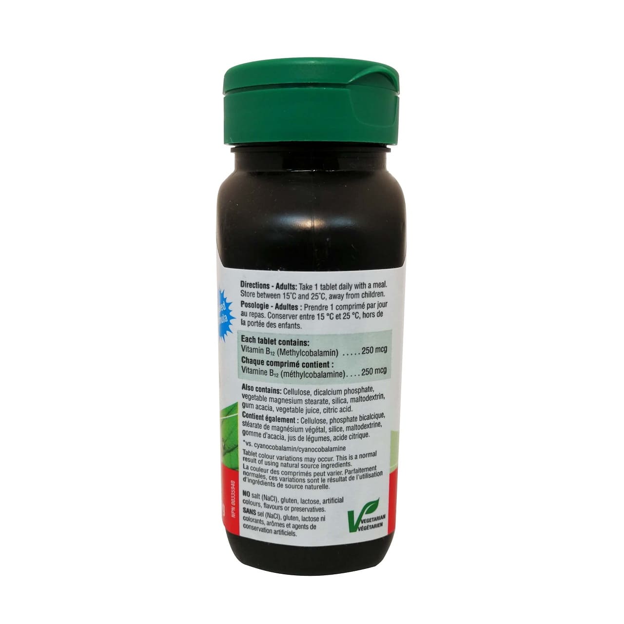 Product directions and ingredients for Jamieson B12 250mcg in French and English