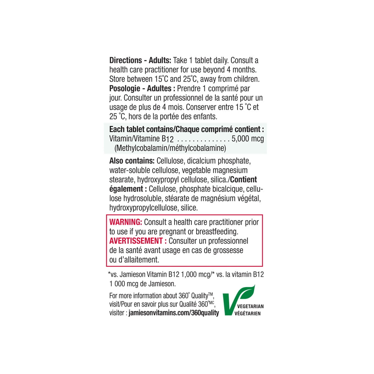 Directions, ingredients, warnings for Jamieson B12 5000 mcg Timed Release (45 tablets)