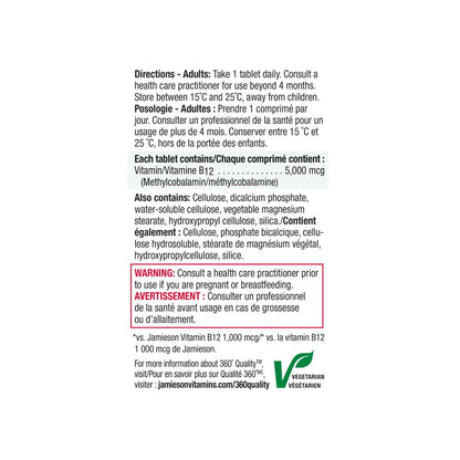 Directions, ingredients, warnings for Jamieson B12 5000 mcg Timed Release (45 tablets)