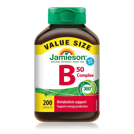 Product label for Jamieson B50 Complex (200 caplets) Value Pack in English