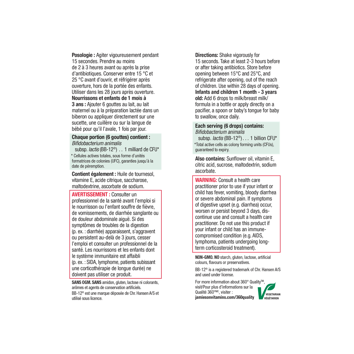 Ingredients, directions, warnings for Jamieson Baby Probiotic Drops 1 Billion CFU (8.6 mL)