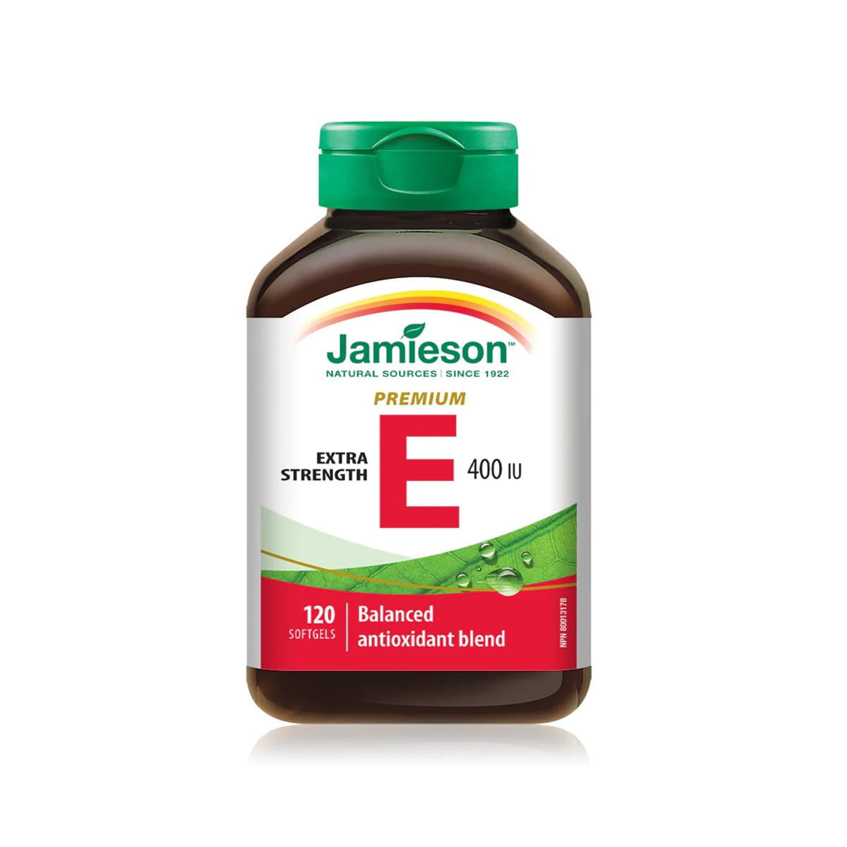 Product label for Jamieson Balanced Vitamin E Extra Strength 400 IU (120 softgels) EN