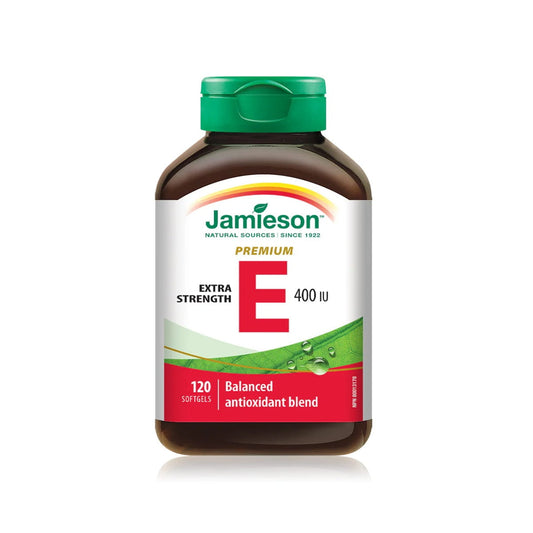 Product label for Jamieson Balanced Vitamin E Extra Strength 400 IU (120 softgels) EN