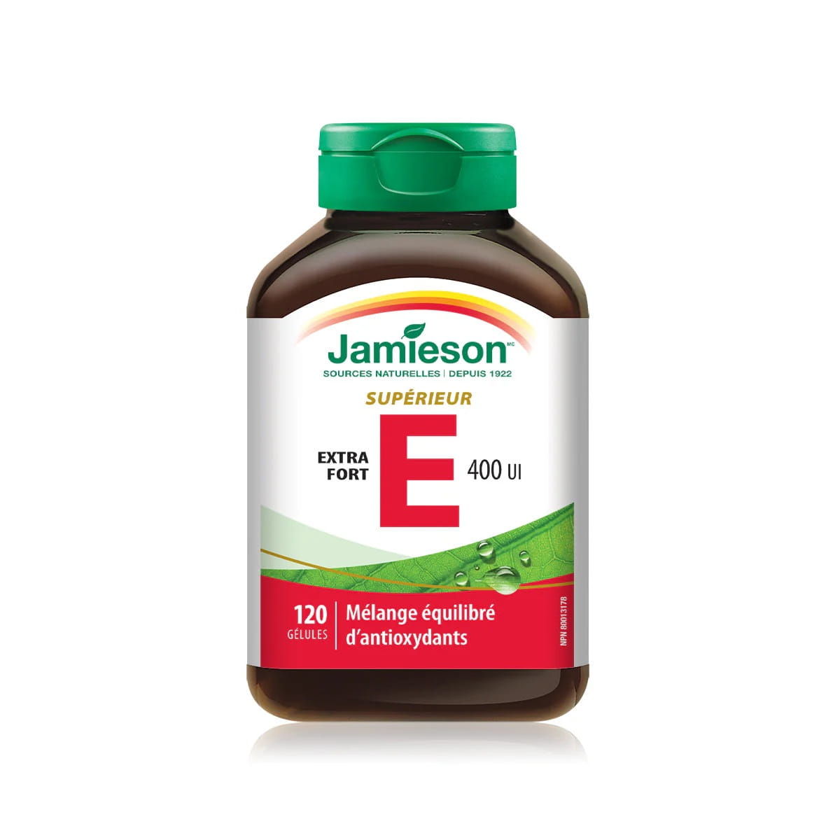 Product label for Jamieson Balanced Vitamin E Extra Strength 400 IU (120 softgels) in French