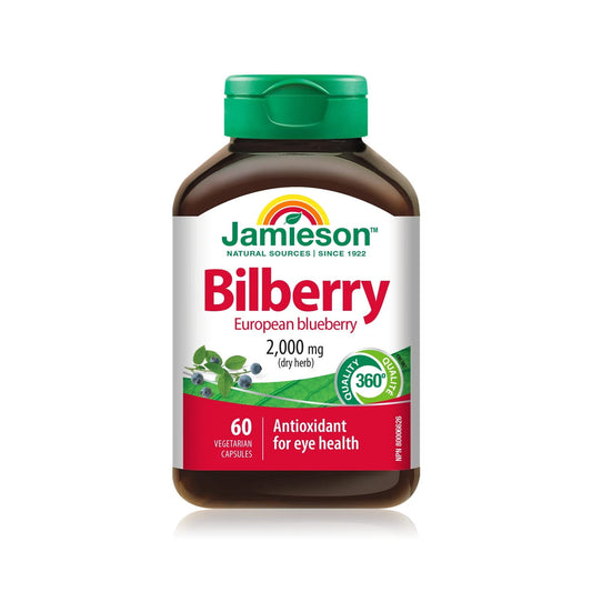 Product Label for Jamieson Bilberry 2000 mg (60 capsules) in English