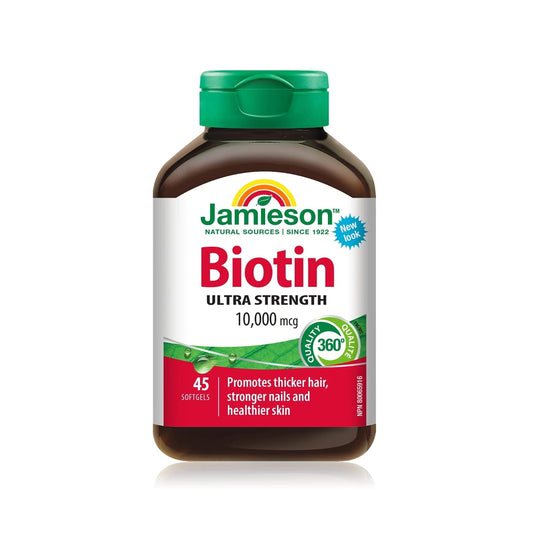 Product label for Jamieson Biotin 10,000 mcg Ultra Strength (45 softgels) EN