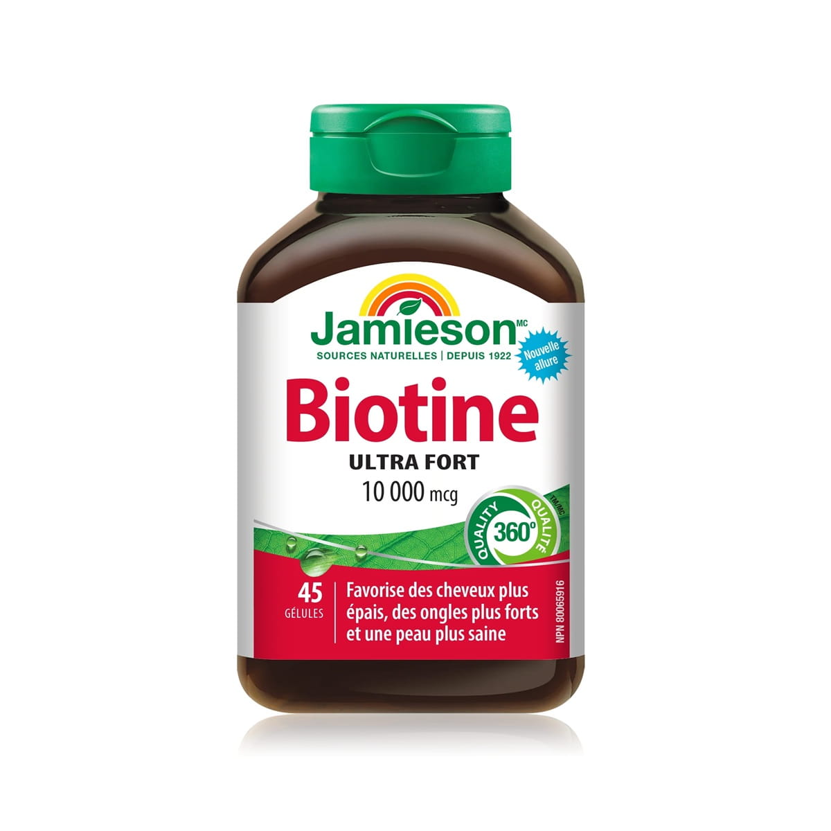 Product label for Jamieson Biotin 10,000 mcg Ultra Strength (45 softgels) FR