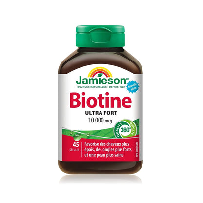 Product label for Jamieson Biotin 10,000 mcg Ultra Strength (45 softgels) FR