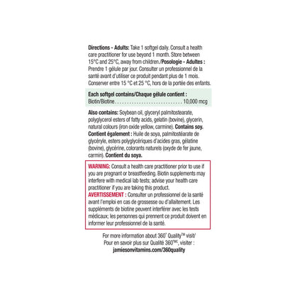 Directions, ingredients, warnings for Jamieson Biotin 10,000 mcg Ultra Strength (45 softgels)