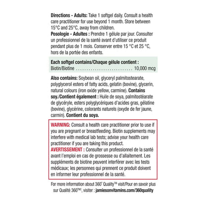 Directions, ingredients, warnings for Jamieson Biotin 10,000 mcg Ultra Strength (90 softgels)