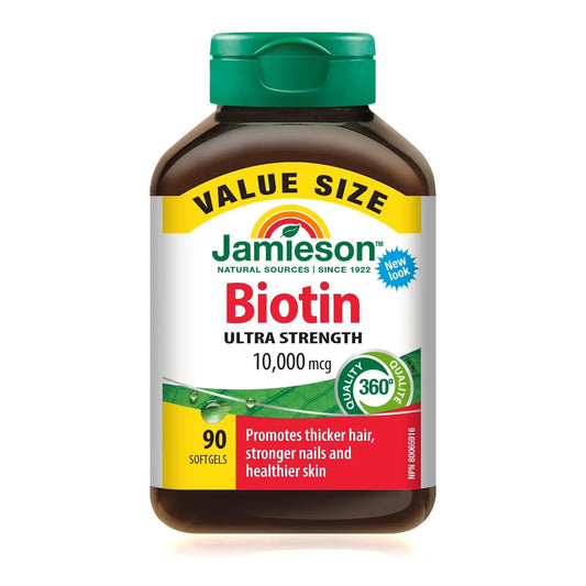 Product label for Jamieson Biotin 10,000 mcg Ultra Strength (90 softgels) EN
