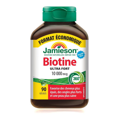 Product label for Jamieson Biotin 10,000 mcg Ultra Strength (90 softgels) FR