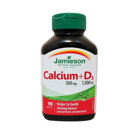 Product label for Jamieson Calcium (500mg) + Vitamin D3 (1000 IU) (90 caplets) in English