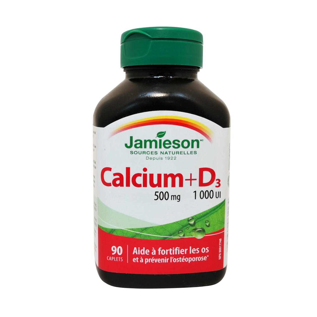 Product label for Jamieson Calcium (500mg) + Vitamin D3 (1000 IU) (90 caplets) in French