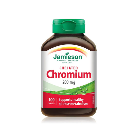 Product label for Jamieson Chelated Chromium 200 mcg (100 tablets) in English