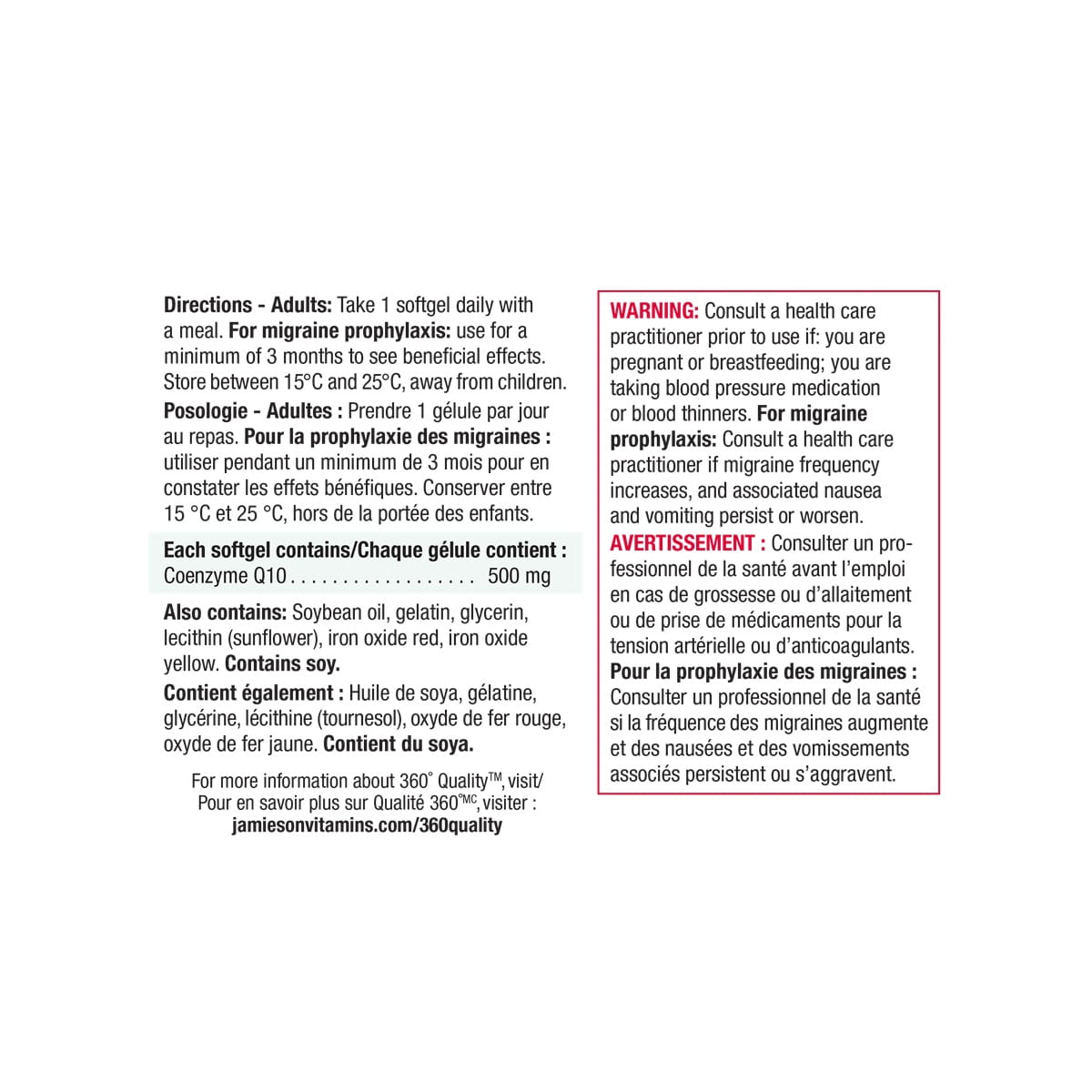Directions, ingredients, warnings for Jamieson CoQ10 500 mg (30 softgels)