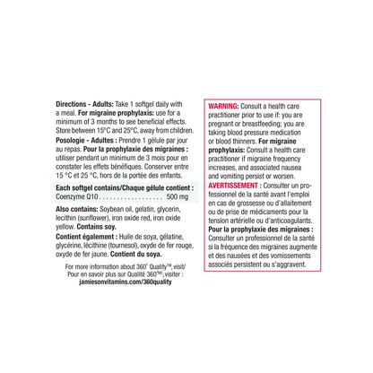 Directions, ingredients, warnings for Jamieson CoQ10 500 mg (30 softgels)