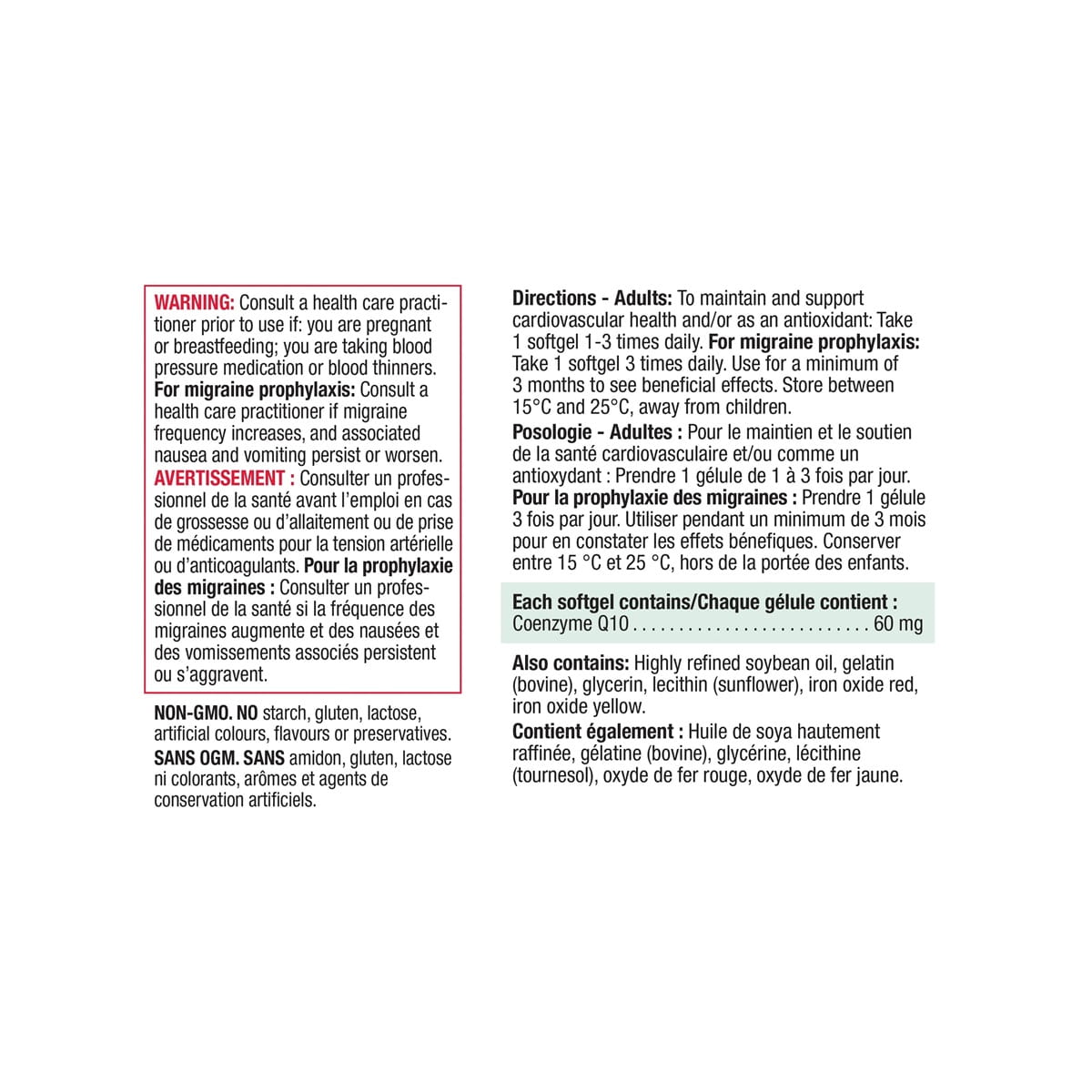 Warnings, Directions, Ingredients for Jamieson CoQ10 60 mg (80 softgels)