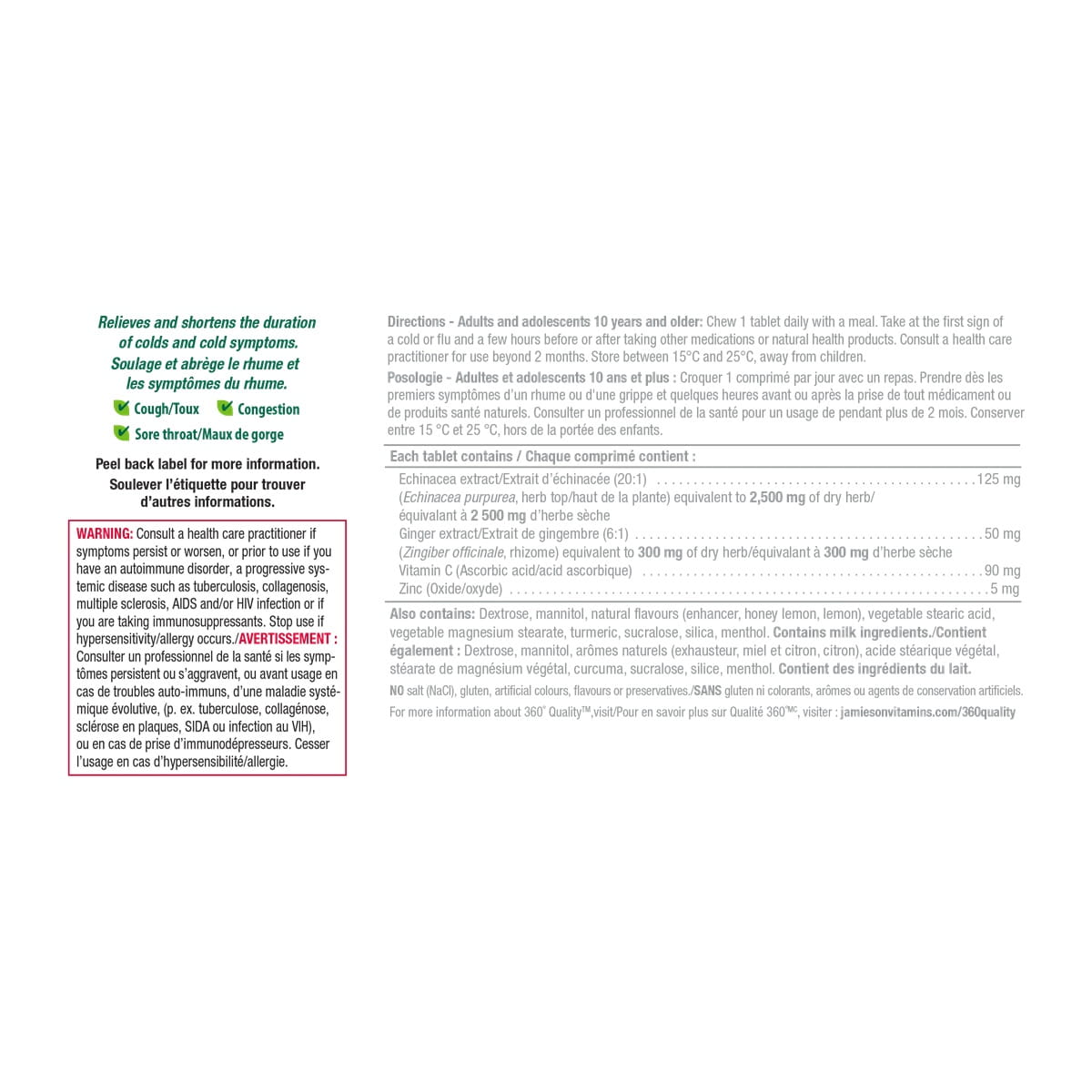 Directions, ingredients, warnings for Jamieson Cold Fighter Chewable Tablets (30 tablets)