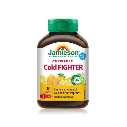 Product label for Jamieson Cold Fighter Chewable Tablets (30 tablets) in English