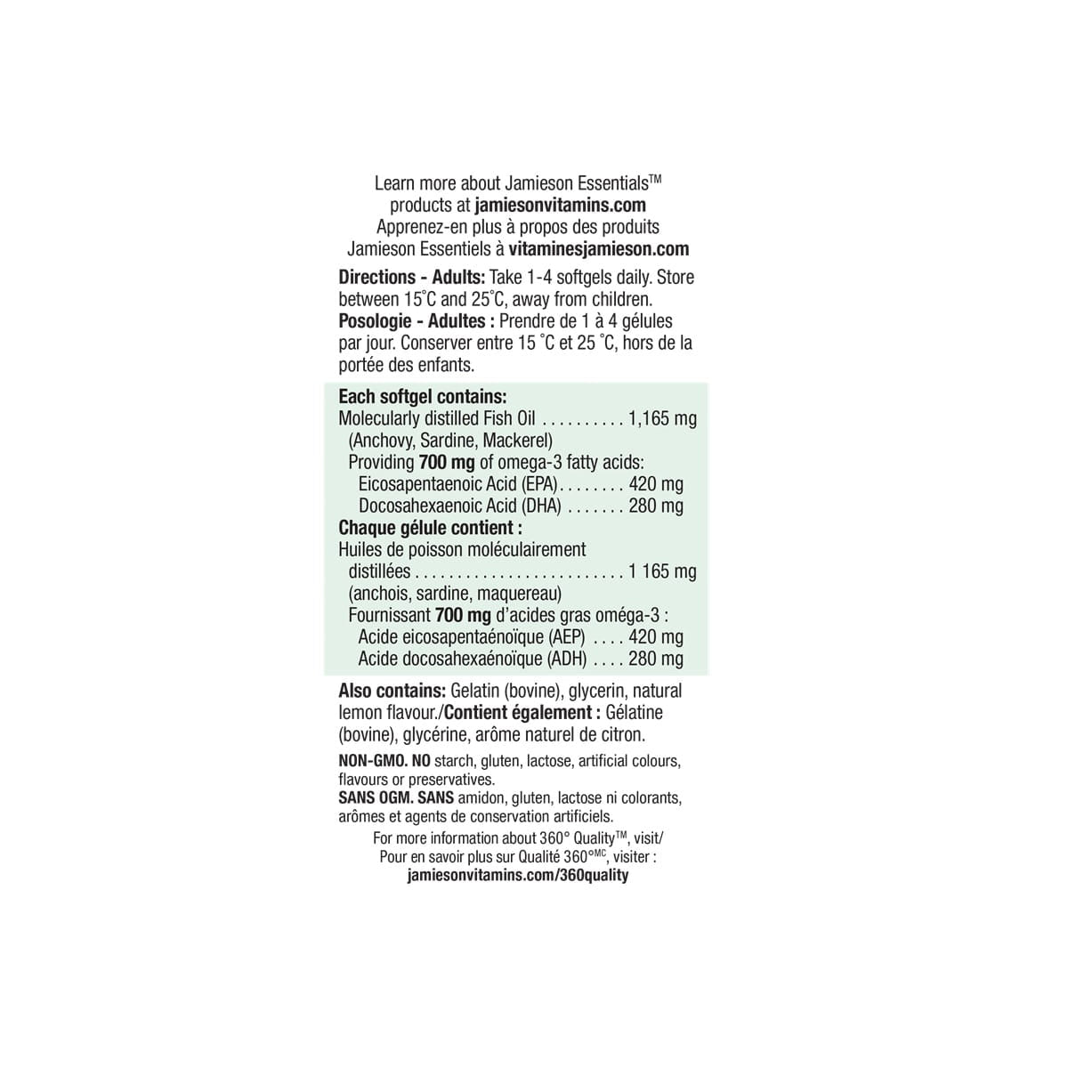 Directions and ingredients for Jamieson Extra-Strength Omega-3 No Fishy Aftertaste (100 softgels)