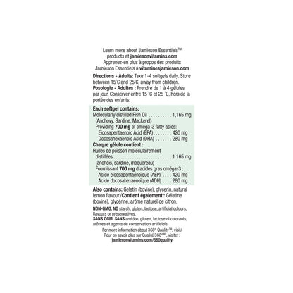 Directions and ingredients for Jamieson Extra-Strength Omega-3 No Fishy Aftertaste (100 softgels)