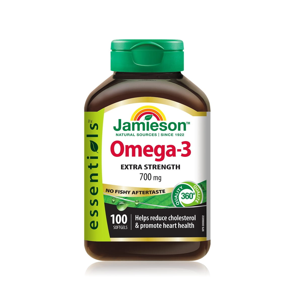 Product label for Jamieson Extra-Strength Omega-3 No Fishy Aftertaste (100 softgels) EN
