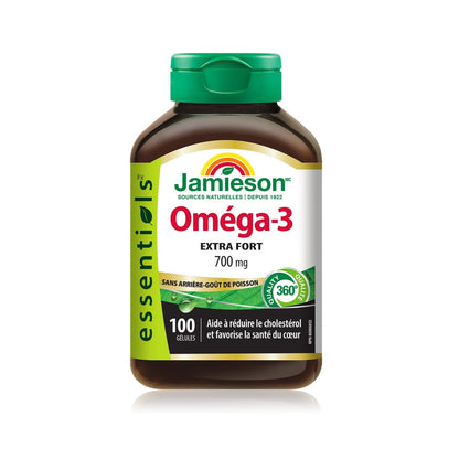 Product label for Jamieson Extra-Strength Omega-3 No Fishy Aftertaste (100 softgels) FR