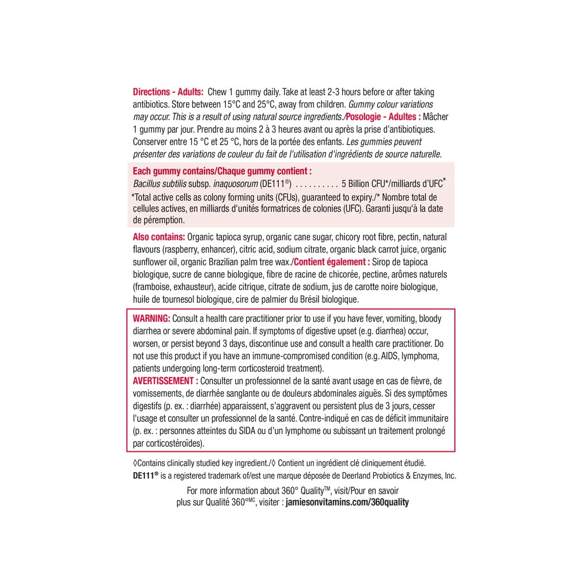 Direction, ingredients, warnings for Jamieson Extra Strength Probiotic Gummies with Prebiotics (30 gummies)