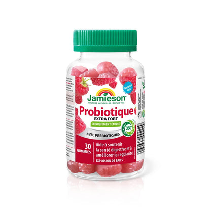 Product label for Jamieson Extra Strength Probiotic Gummies with Prebiotics (30 gummies) in FR