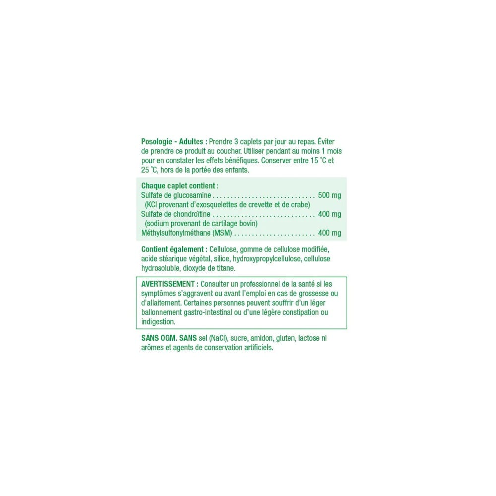 Directions, ingredients, warnings for Jamieson Glucosamine Chondroitin MSM Ultra Strength 1300 mg (120 caplets) in French