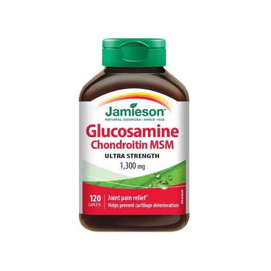 Product label for Jamieson Glucosamine Chondroitin MSM Ultra Strength 1300 mg (120 caplets) in English