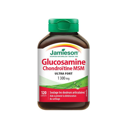 Product label for Jamieson Glucosamine Chondroitin MSM Ultra Strength 1300 mg (120 caplets) in French