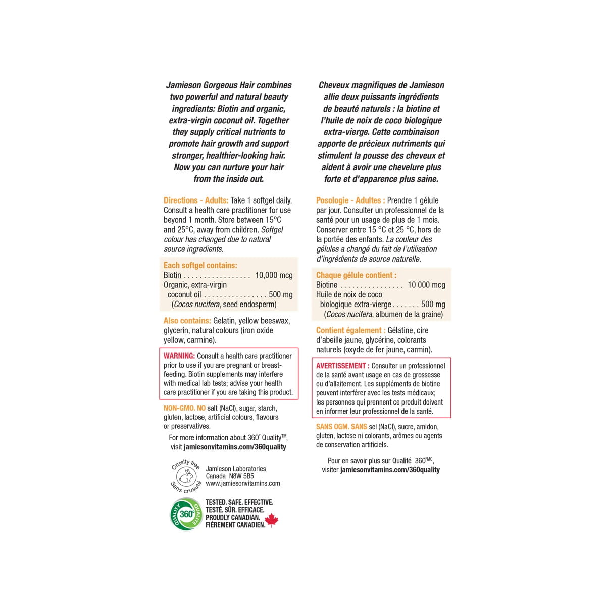 Description, directions, ingredients, warnings for Jamieson Gorgeous Hair (60 softgels)