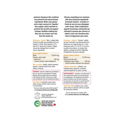 Description, directions, ingredients, warnings for Jamieson Gorgeous Hair (60 softgels)