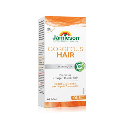 Product label for Jamieson Gorgeous Hair (60 softgels)