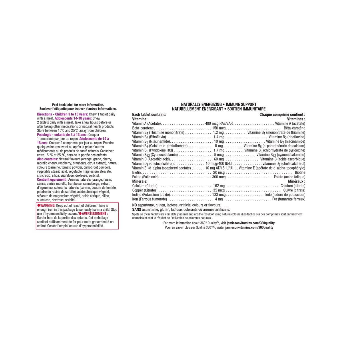Directions, ingredients, warnings for Jamieson Kids Chewable Multivitamin with Iron (60 chewable tablets)