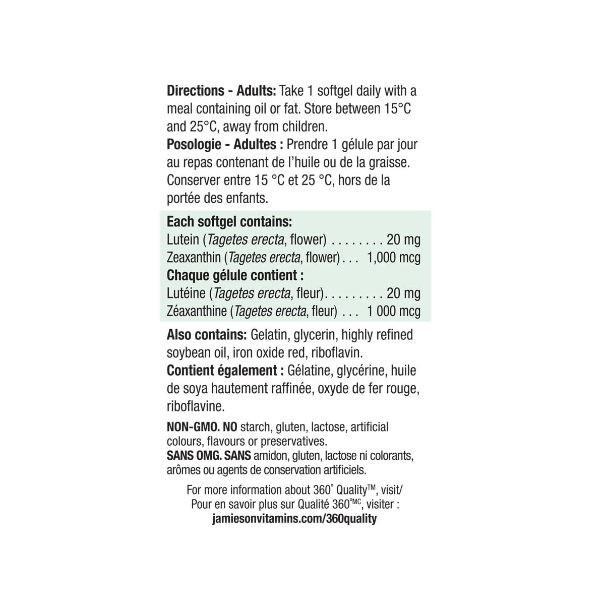 Directions and ingredients for Jamieson Lutein Extra Strength with Zeaxanthin (45 softgels)
