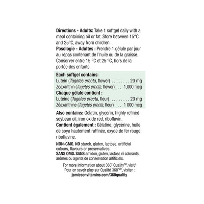 Directions and ingredients for Jamieson Lutein Extra Strength with Zeaxanthin (45 softgels)