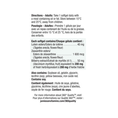 Directions and ingredients for Jamieson Lutein Ultra Strength with Zeaxanthin & Bilberry (60 softgels)