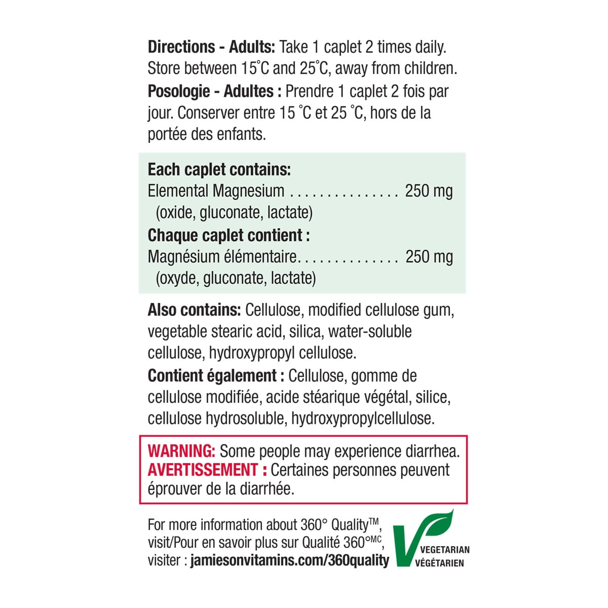 Directions, Warnings, Ingredients for Jamieson Magnesium 250 mg Ultra Strength (150 caplets)
