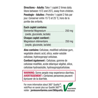 Directions, Warnings, Ingredients for Jamieson Magnesium 250 mg Ultra Strength (150 caplets)